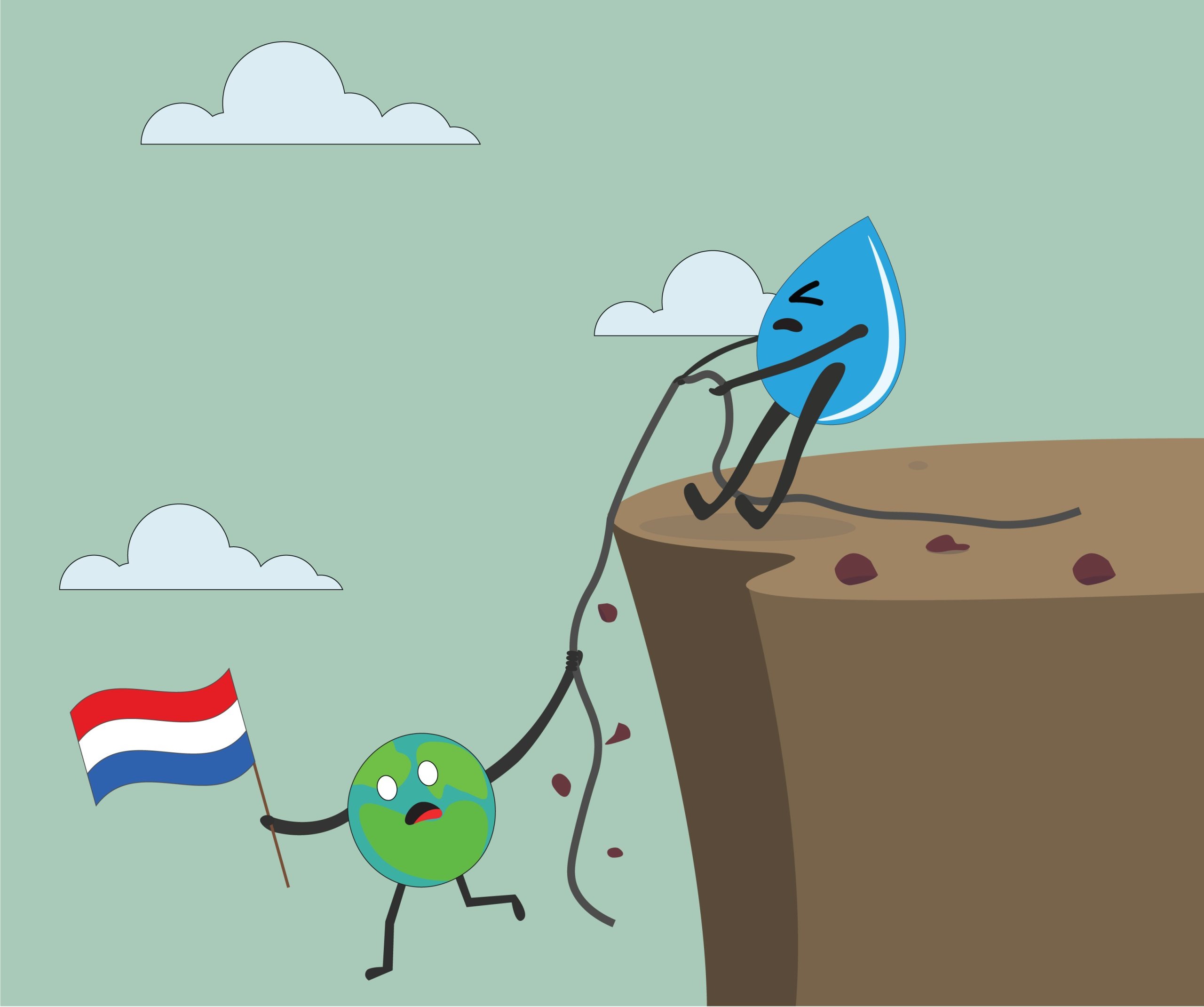 Illustratie van Spetter trek met al zijn kracht aan een touw waar Tobe aan hangt die boven een ravijn hangt. Tobe houdt geschrokken de Nederlandse vlag vast.