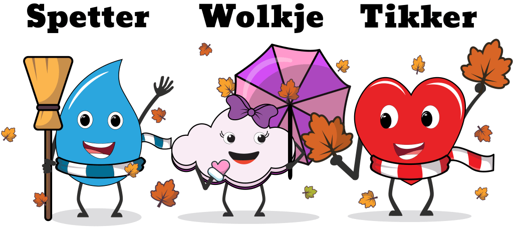 Mascottes: 'Spetter', 'Wolkje' en 'Tikker' in winter-/herfstsfeer.