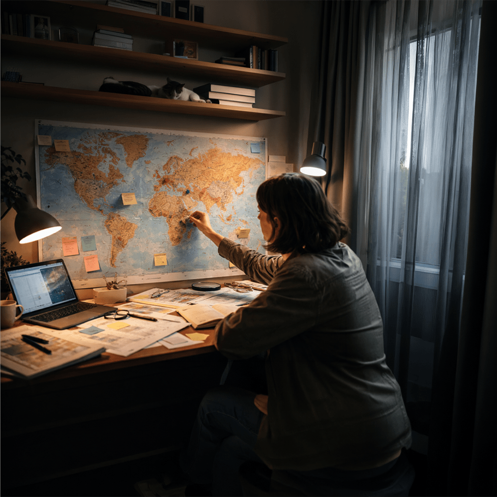 Person studying a world map in a workspace