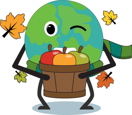 Afbeelding: 'Tobe', winter / herfsttafereel met aarde, mand appels en bladeren.