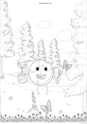 Illustratie van Kleurplaat waar Tobe met een schepje en een boompje in de natuur staat, klaar om te planten.
