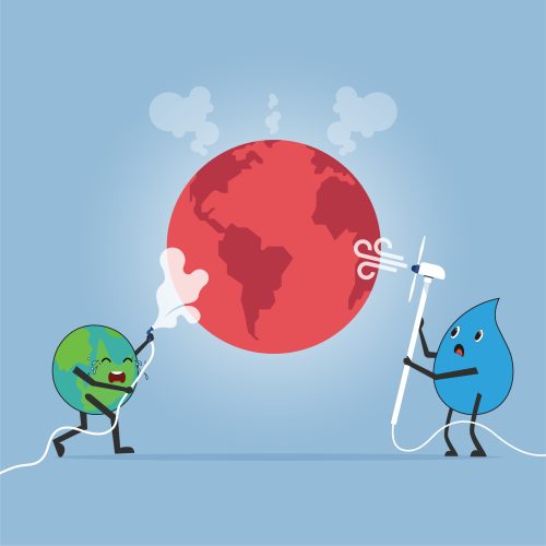 Illustratie van Tobe en Spetter die ontzettend hun best doen planeet aarde af te doen koelen met ventilatoren en tuinslang.